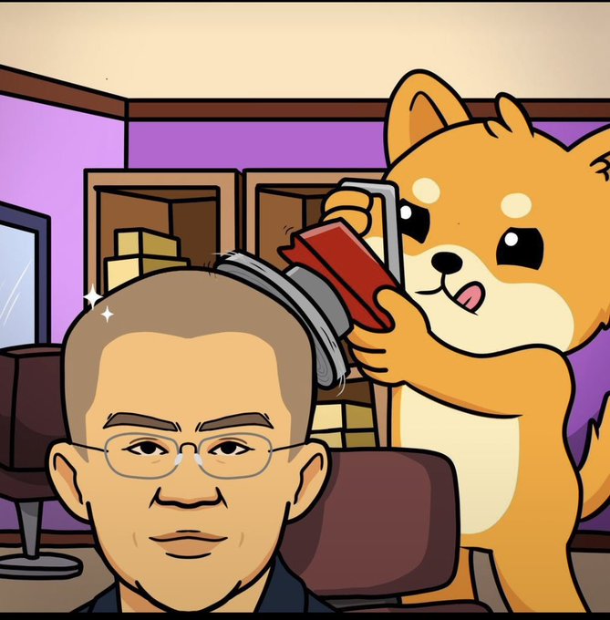 A cartoon-style illustration of a young man with glasses getting his head shaved by a Shiba Inu dog holding red hair clippers, in what appears to be a hair salon setting.