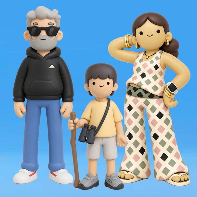 3D rendered family figures including a man in sunglasses, a child with binoculars and a walking stick, and a woman in patterned clothing.