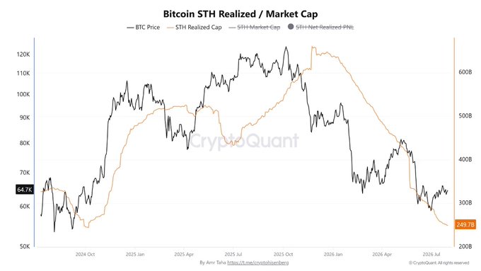 Bitcoin STH Realized Cap has dropped to $249.7B (below $250B for the first time since October 2024), down over $350B from its 2025 peak above $600B, while BTC price sits around $64.7K—illustrating that short-term holder cost basis has compressed sharply despite the price decline from its ~$120K high.