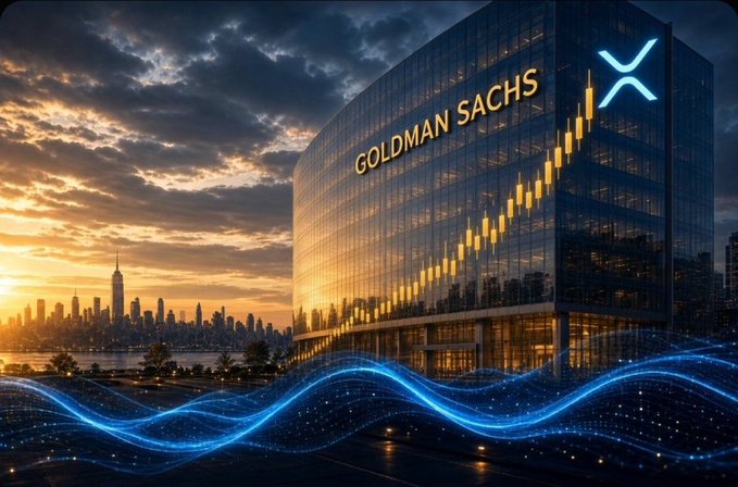 Image of a glass Goldman Sachs building with an XRP logo overlay, set against a sunset city skyline with blue wave-like light effects flowing in the foreground.
