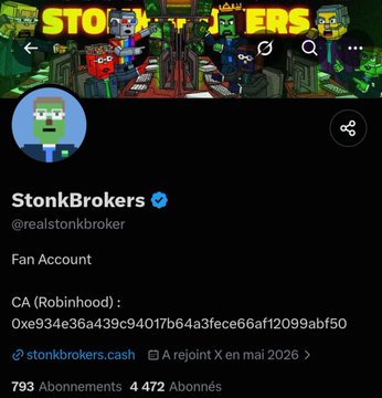 A Twitter/X profile page for 'StonkBrokers' (@realstonkbroker), a verified fan account with 793 subscribers and 4,472 followers, showing a contract address and a rejoinit X event in May 2026.