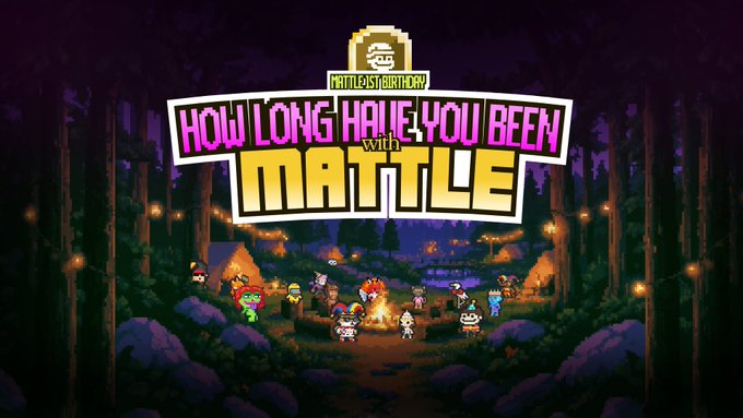A pixel-art promotional image for "Mattle's Birthday: How Long Have You Been With Mattle" featuring colorful MattleBoy characters gathered around a campfire in a forest at night, tying into a giveaway asking players how long they've been playing the game for a chance to win USDC, spin tickets, and a Party MattleBoy skin.