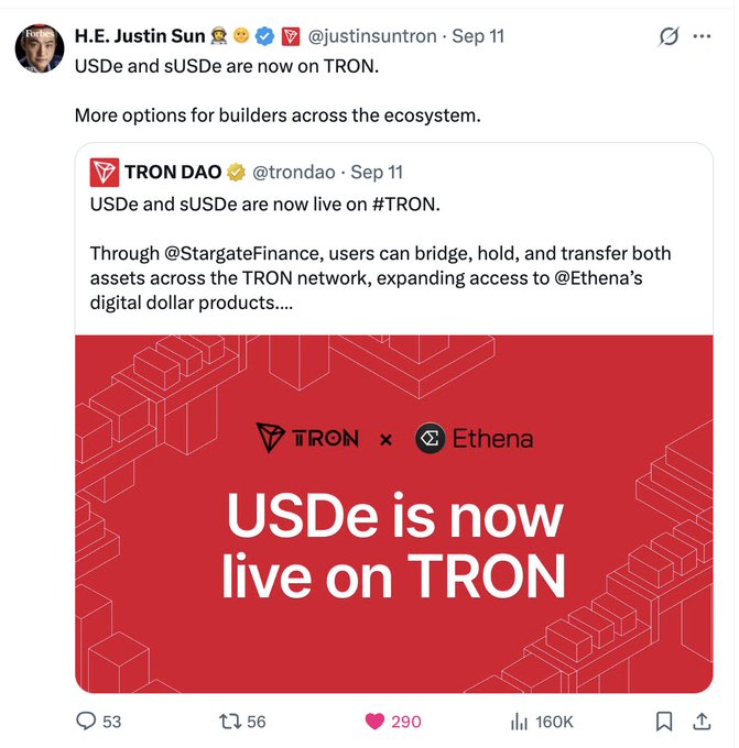 Screenshot of a tweet from H.E. Justin Sun (@justinsuntron) announcing 'USDe and sUSDe are now on TRON,' featuring a red TRON x Ethena promotional graphic stating 'USDe is now live on TRON'.