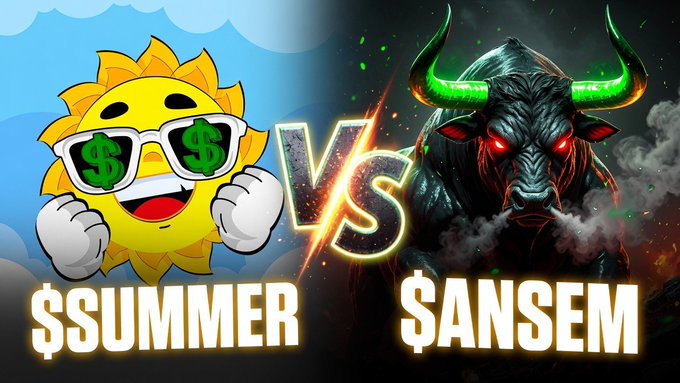 A split-screen battle graphic featuring a cartoon sun wearing dollar-sign sunglasses labeled '$SUMMER' on the left versus a fierce black bull with glowing red eyes and green horns labeled '$ANSEM' on the right, separated by a 'VS' lightning bolt.