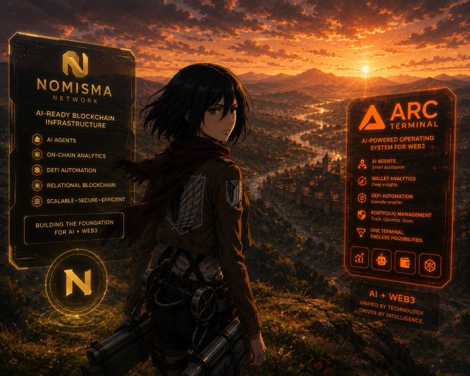 A promotional graphic for 'NOMISMA NETWORK' featuring an anime-style female character in a red scarf overlooking a landscape, with panels advertising 'AI-READY BLOCKCHAIN INFRASTRUCTURE' and 'ARC TERMINAL - AI-POWERED OPERATING SYSTEM FOR WEB3'.