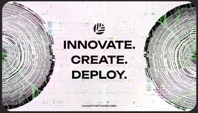 A promotional graphic displays 'INNOVATE. CREATE. DEPLOY.' alongside 'CANOPYNETWORK.ORG', featuring tree ring patterns on either side.
