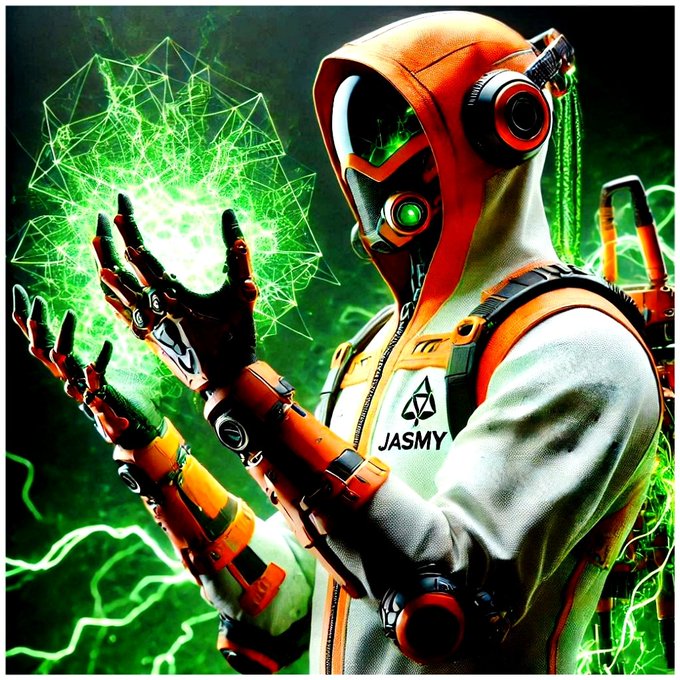 A futuristic orange and white robotic/cyborg character with green glowing eyes labeled 'JASMY' on its chest, manipulating a glowing green digital network with its hands.