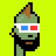 A small pixel art zombie or mummy-like character with green skin and red and blue 3D glasses on a bright green background.