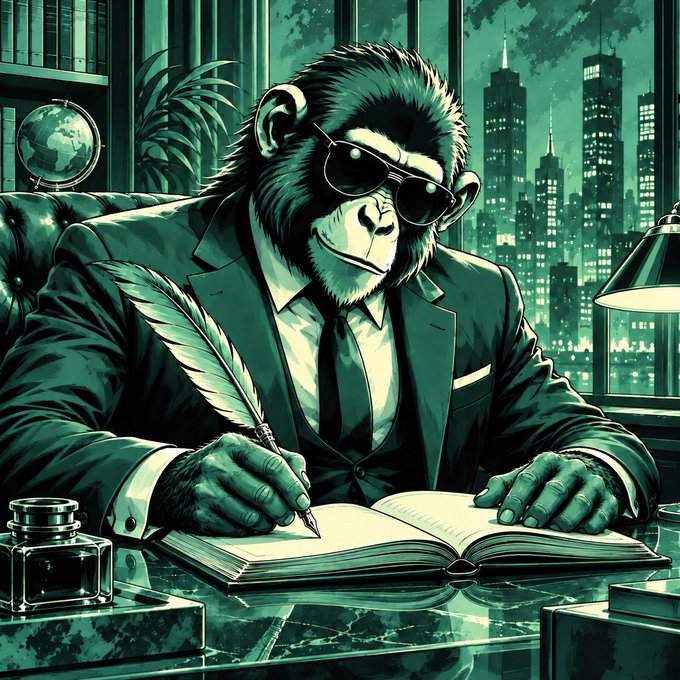 A stylized green-tinted illustration of a chimpanzee in a suit and sunglasses writing in a notebook with a quill pen, set against a city skyline backdrop.