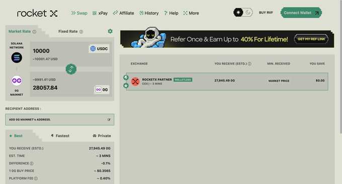 The RocketX exchange interface showing a market rate swap of 10,000 USDC for approximately 28057.84 00 tokens on the Mainnet, with an estimated 27,945.49 00 received.