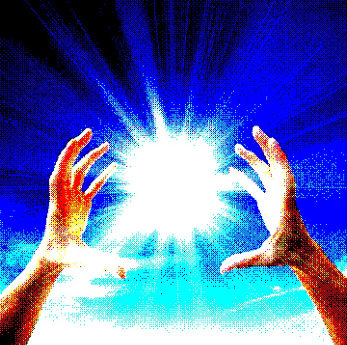 A pixelated, blue-toned image of two hands reaching toward a bright white burst of light, with the text "Samayoor" visible.