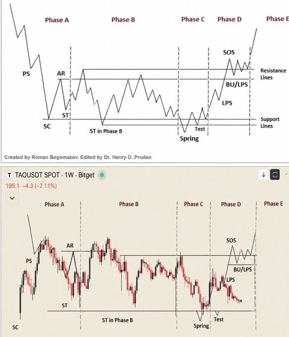 This image displays Wyckoff Method market cycle analysis charts comparing a theoretical diagram (top) with TAOUSDT on a 1W Bitget chart (top chart bottom, $199.1, -4.3/-2.11%), showing phases A through E with key accumulation events (PS, SC, AR, ST, Spring, Test, SOS, BU/LPS) between support and resistance lines. The post notes that $TAO's cycle bottom was $140, which corresponds to the "Spring" phase in Phase C where price undercut support before reversing upward—the classic Wyckoff accumulation bottom signal.