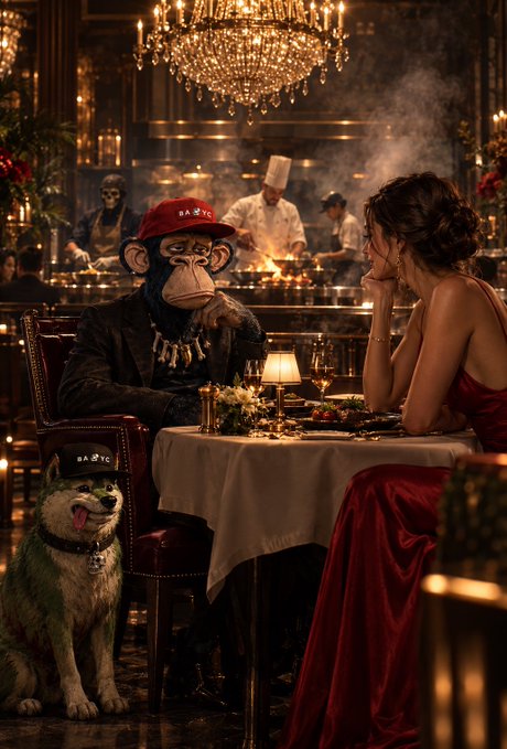 A scene featuring a Bored Ape Yacht Club character wearing a 'BAYC' red cap dining across from a woman in a red dress, with a husky dog nearby in an upscale restaurant.