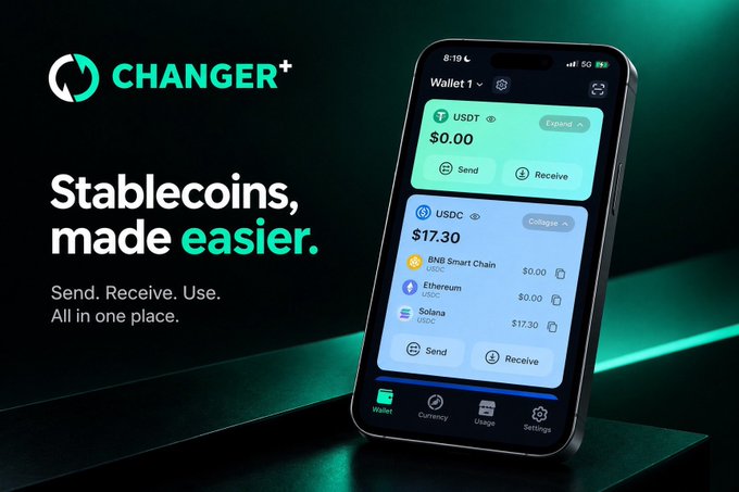 A dark teal promotional image for “CHANGER+” says “Stablecoins, made easier. Send. Receive. Use. All in one place,” beside a tilted phone displaying USDT and USDC wallet balances with “Send” and “Receive” buttons.