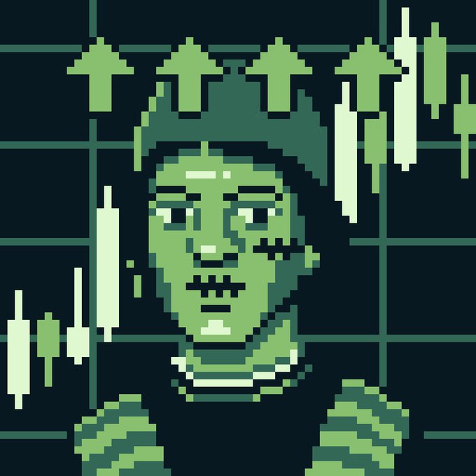 A green pixel-art portrait of a sad-looking character with stitched facial features overlaid on a candlestick stock chart.