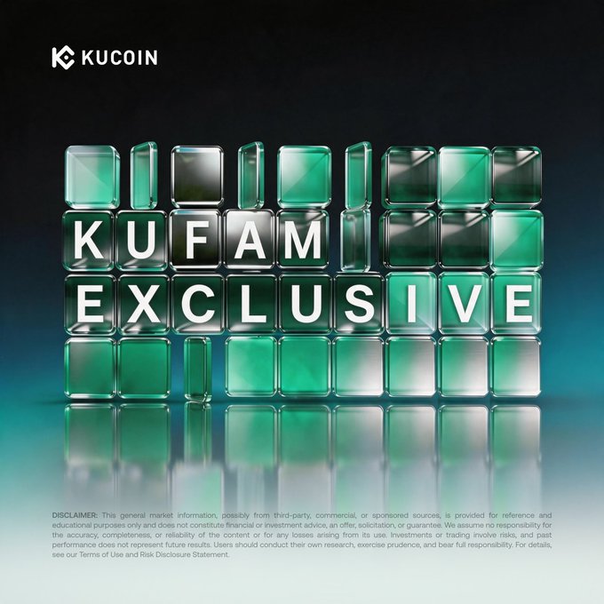 A KuCoin promotional graphic featuring the text "KUFAM EXCLUSIVE" displayed on translucent green glass-like cubes, with the KuCoin logo at the top and a disclaimer at the bottom, advertising a campaign offering 5,000 USDT in trading rewards from July 1, 2026 to October 2, 2026.