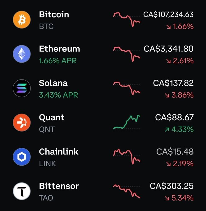 A cryptocurrency price dashboard showing Bitcoin (CA$107,234.63, -1.66%), Ethereum (CA$3,341.80, -2.61%), Solana (CA$137.82, -3.86%), Quant (CA$88.67, +4.33%), Chainlink (CA$15.48, -2.19%), and Bittensor (CA$303.25, -5.34%).