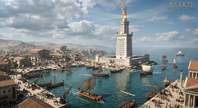 A fantasy rendering of an ancient harbor city with a towering lighthouse at its center, featuring classical stone architecture, wooden ships, and a marketplace along the coastline, labeled 'AGEKID' in the upper right.