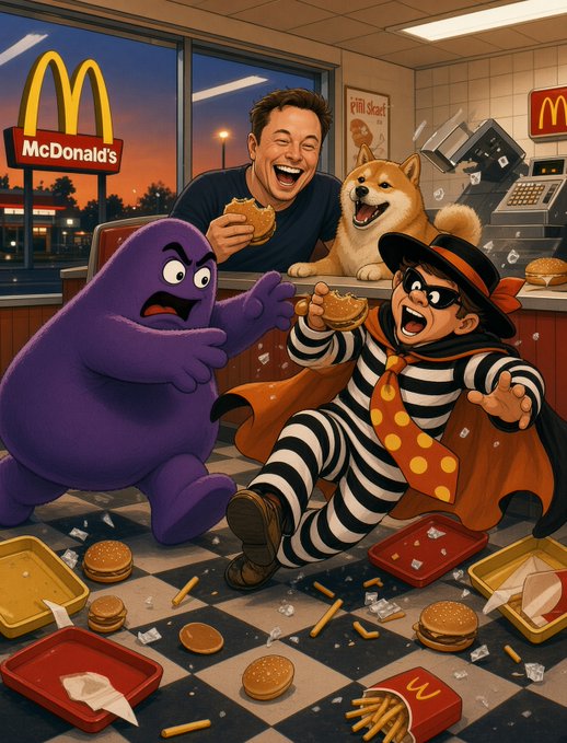A chaotic cartoon scene inside a McDonald's restaurant featuring a laughing man, a grinning Shiba Inu dog, a purple monster, and a burglar in a striped outfit fighting over burgers amid scattered trays and fries.