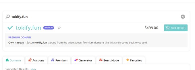 A domain registration page showing 'tokify.fun' as a premium domain available for $499.00 with an 'Add to cart' button.