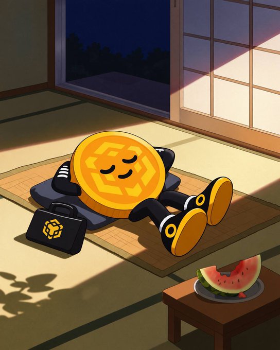 An anime-style illustration depicts an anthropomorphic gold coin character wearing black sneakers, relaxing on a tatami mat next to a plate of watermelon and a briefcase.