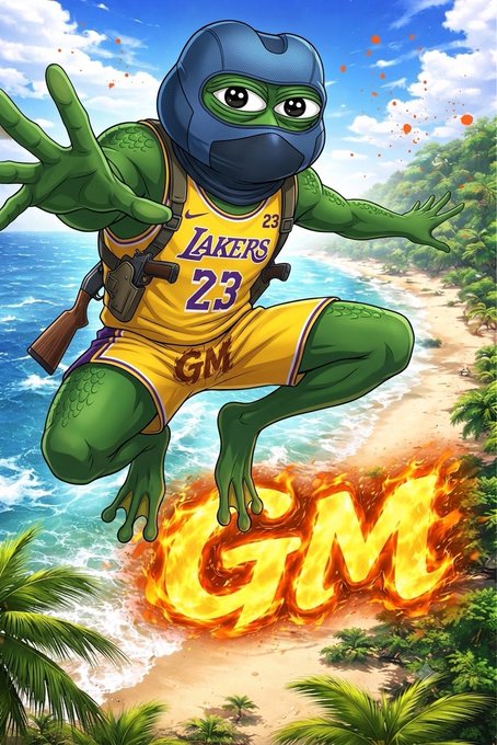 An animated illustration of a turtle character wearing a Lakers #23 jersey, crouching on a beach with "GM" written in flames on the sand.