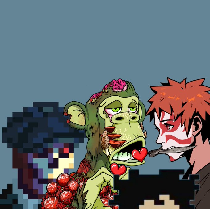An artistic illustration featuring a zombie-like monkey with an exposed brain and a red-haired anime character with face paint, holding a knife to the monkey's mouth with hearts between them.