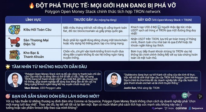 An informational graphic in Vietnamese titled 'ĐỘT PHÁ THỰC TẾ: MỌI GIỚI HẠN ĐANG BỊ PHÁ VỠ' discussing the Polygon Open Money Stack integration with TRON network, featuring quotes from Marc Boiron and Justin Sun.
