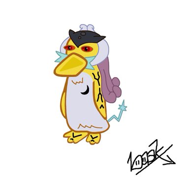 A cartoon-style digital drawing depicting a yellow duck-like character wearing a black pirate hat and a grey hooded cloak with a moon symbol, signed with the number '1003' in the corner.