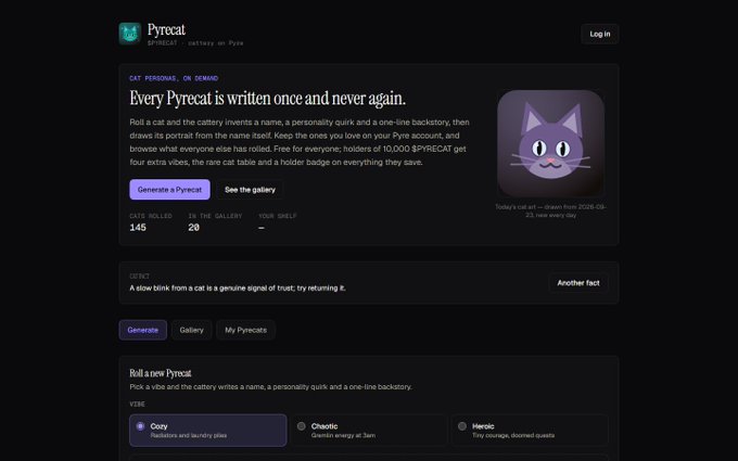 A website for "Pyrecat" showing an NFT mint page where users can generate a unique cat from the cattery, with stats showing 145 cats killed, 20 in the gallery, and vibe options like Cozy, Chaotic, and Heroic.