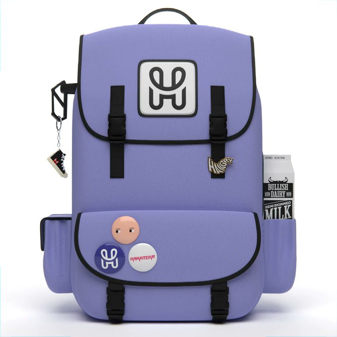 A purple backpack decorated with various pins, patches (including a cow logo), a shark keychain, and a novelty milk carton in the side pocket.