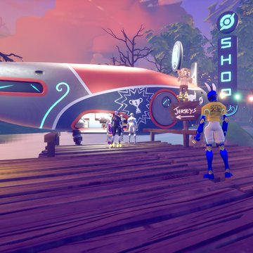 The image features a group of people standing around an airplane, with one person wearing a blue shirt that says "jersey's" on it. The airplane has a unique design painted on its side, making it stand out from other airplanes. In the background, there is a sign for a store called "shops".