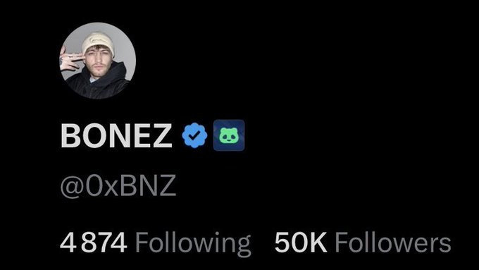 A social media profile for 'BONEZ' (@0xBNZ) showing 4,874 Following and 50K Followers, with a profile photo of a man in a beige cap.