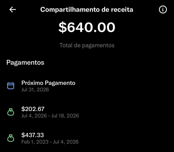 Mobile app screen showing 'Compartilhamento de receita' (Revenue sharing) in Portuguese with a total of $640.00 and payment schedule details including a next payment on Jul 31, 2026.