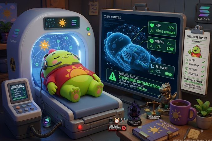 A whimsical digital illustration of a green character in a sun shirt lying inside an X-ray machine branded with Solana, displaying wellness metrics like HRV, Stress, and Recovery, with a 'Wellness Report' clipboard nearby.