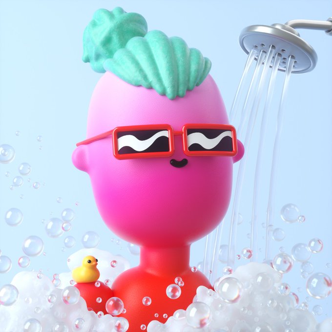 A 3D render of a pink cartoon character with a turquoise shell-like hairdo, wearing red sunglasses with wavy lines and a red shirt, surrounded by bubbles under a running showerhead with a small yellow rubber duck.