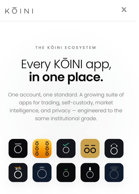 A promotional graphic for 'KŌINI' titled 'THE KŌINI ECOSYSTEM' with the tagline 'Every KŌINI app, in one place,' showing various app icons related to trading, self-custody, and market intelligence.