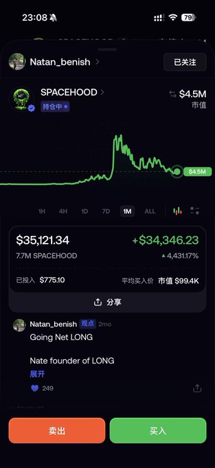 A mobile screenshot of a trading app showing a green upward price chart for SPACEHOOD token with holdings of $35,121.34 (+$34,346.23), posted by Natan_benish with caption 'Going Net LONG' and 'Nate founder of LONG'.