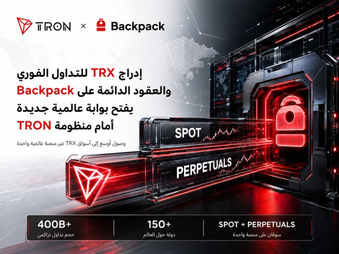 A promotional graphic announcing a partnership between TRON and Backpack exchange to list the TRX token and offer perpetual contracts, with text in Arabic.