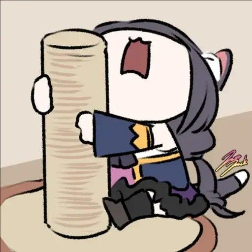 A cartoon cat-girl character with cat ears and a black/dark blue outfit is shown crying while desperately clinging to a tall stack/scratching post, with a signature visible in the corner. The image humorously illustrates the meme's sentiment about Bitcoin's relentless daily price activity, portraying the character as overwhelmed and emotionally exhausted by BTC's constant movement.