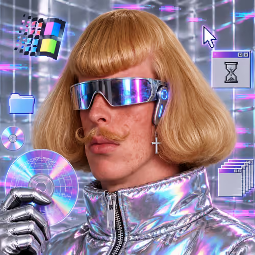 A retro-futuristic portrait of a person with a blonde bob wig, mustache, reflective cyber visor, and silver holographic jacket holding a CD, set against a vaporwave-style background with computer interface icons like folders and file windows.