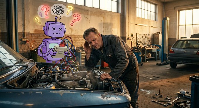 An AI-generated image of a mechanic working on a car engine in a garage, with a confused-looking purple robot overlaid on the scene featuring question mark thought bubbles.