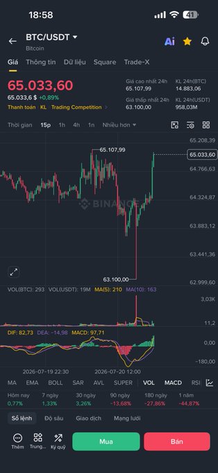 A Binance trading app screenshot showing BTC/USDT Bitcoin price at $65,033.60 with a +0.89% gain, displaying candlestick charts and trading indicators in Vietnamese.
