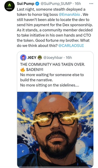 A screenshot of a tweet exchange discussing a token deployment honoring 'big boss' @EmanAbio, with a quote-tweet showing an anime-style illustration of a bald man with glowing yellow glasses.