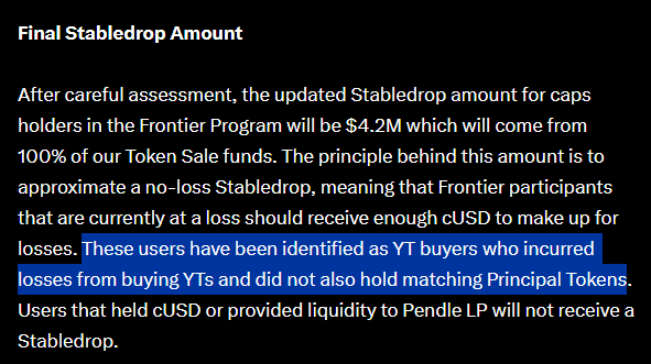 The image shows a text announcement titled "Final Stabledrop Amount," detailing that $4.2M in cUSD from 100% of Token Sale funds will be distributed to caps holders in the Frontier Program as a no-loss Stabledrop for users identified as YT buyers who incurred losses and did not hold matching Principal Tokens, explicitly excluding cUSD holders and Pendle LP providers.

The image relates to the post by highlighting the controversial exclusion of cUSD holders and Pendle LPs from the $CAP Stabledrop, which the poster frames as a scheme to benefit YT-only reward recipients like Benjamin—aligning with the accusation that the Cap team is rewarding a select group while leaving other protocol participants behind.