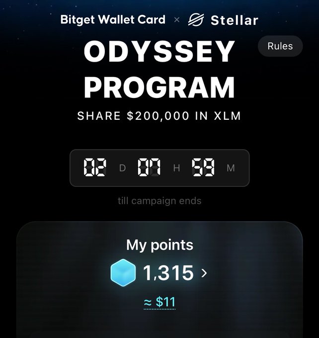 Mobile app screenshot for the 'Bitget Wallet Card x Stellar ODYSSEY PROGRAM' showing a countdown timer of 2 days, 7 hours, 59 minutes, with 1,315 points worth approximately $11 and a $200,000 XLM prize pool.