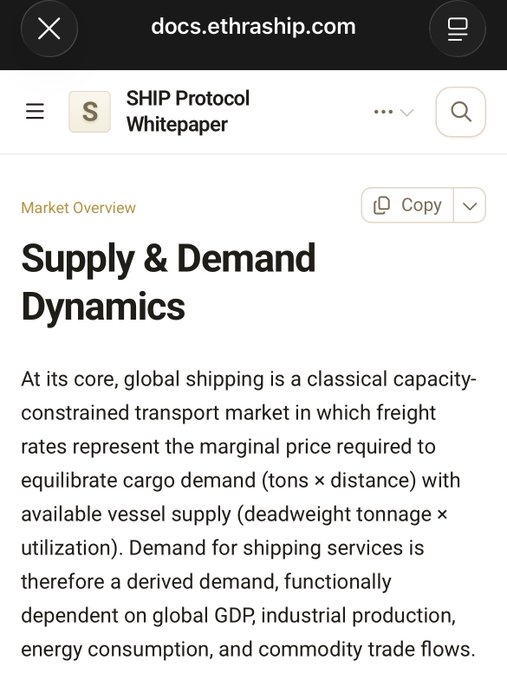 A mobile screenshot of docs.ethraship.com displaying the SHIP Protocol Whitepaper section on "Supply & Demand Dynamics," explaining global shipping as a capacity-constrained transport market.