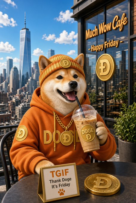 An AI-generated image shows a Shiba Inu dog in an orange 'DOGE' hoodie holding a coffee cup at a cafe called 'Much Wow Cafe,' with a sign reading 'TGIF Thank Doge It's Friday' and Dogecoin coins visible against a New York City skyline.
