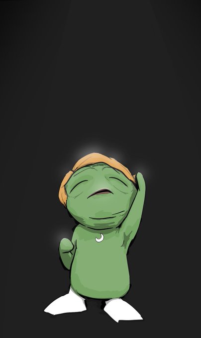 A cartoon illustration of a green frog-like character wearing an orange bandana and white shoes, posing with one arm raised against a dark background.