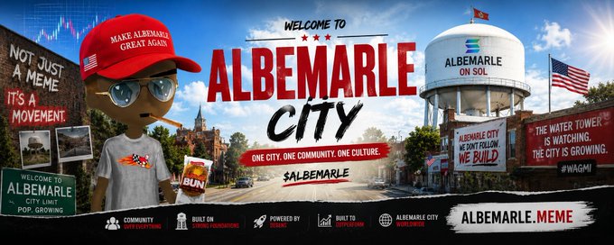 A promotional banner reads 'WELCOME TO ALBEMARLE CITY' with the slogans 'ONE CITY. ONE COMMUNITY. ONE CULTURE' and '#ALBEMARLE', featuring a similar avatar in a red MAGA hat alongside local landmarks like a brick building and water tower.